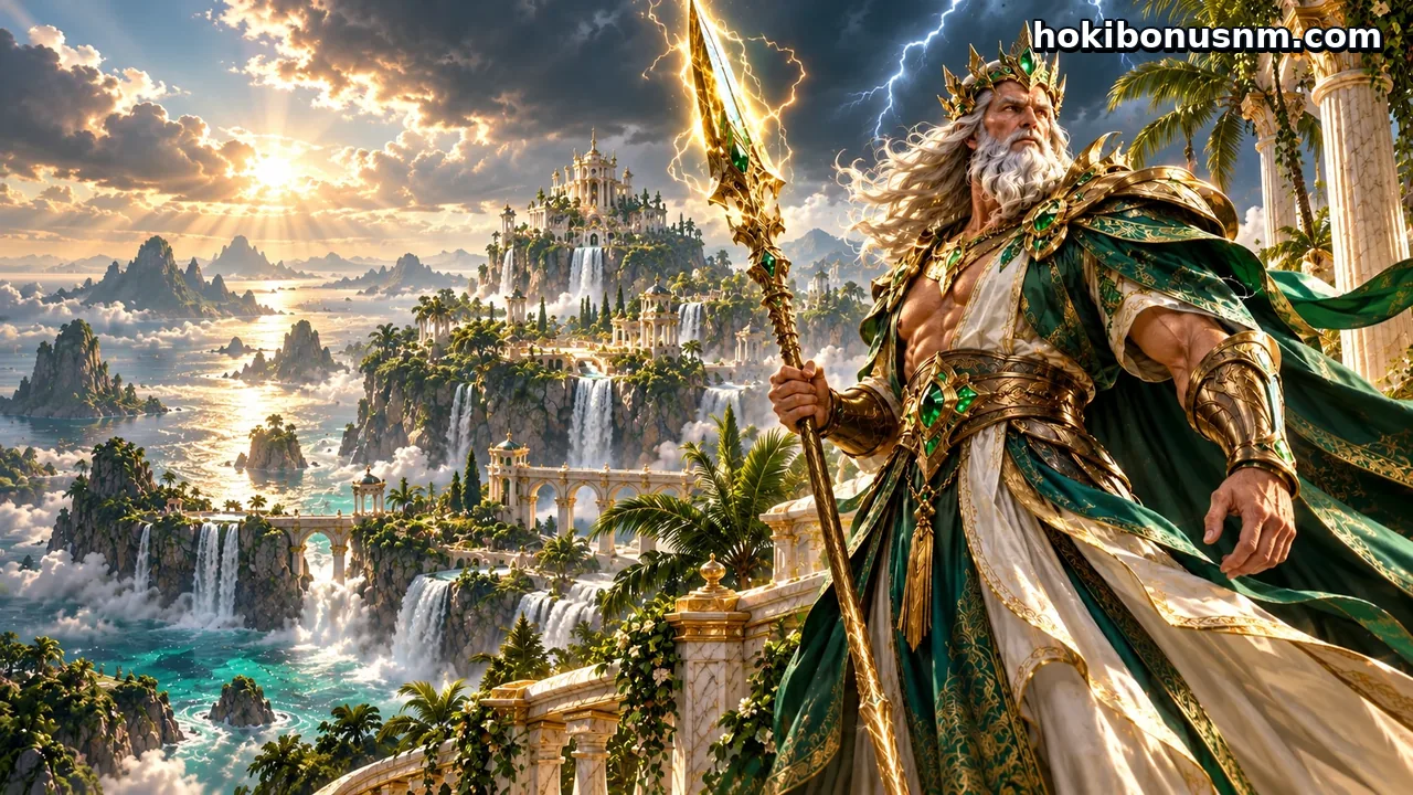 hokibonus — Raja Petir Zamrud dalam zirah hijau dan emas dengan pedang petir