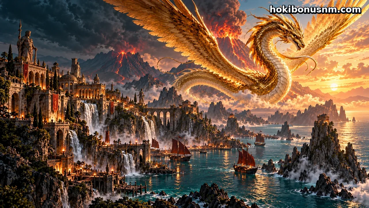 hokibonus — Naga emas terbang di atas pelabuhan fantasi